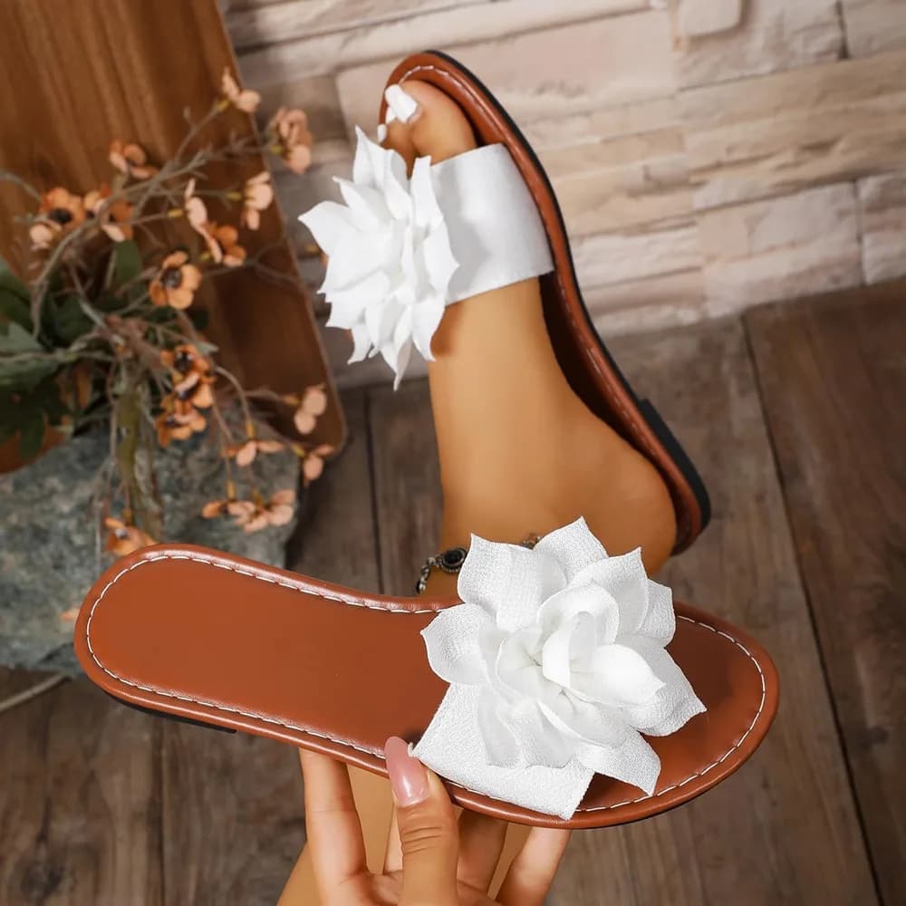 Women's Round Toe Flower Flat Sandals, Soft Slides Open-Toe Summer Slippers