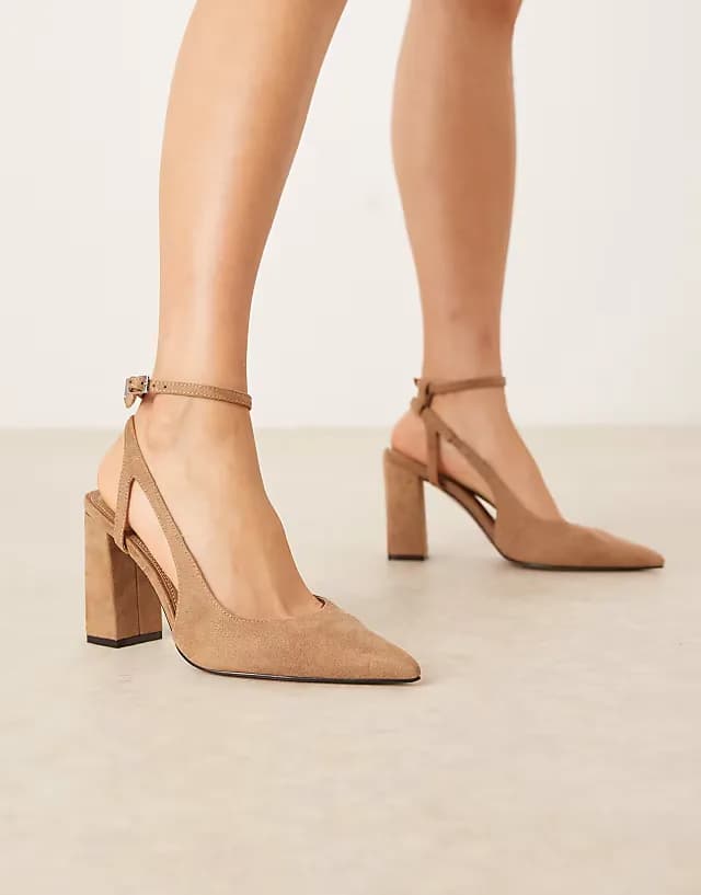 Wide Fit Paisley high block heel shoes in camel suedette