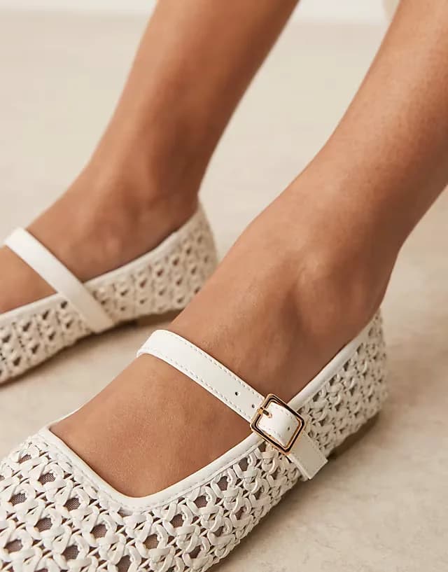 Wide Fit Lottie mary jane ballet flats in off-white weave