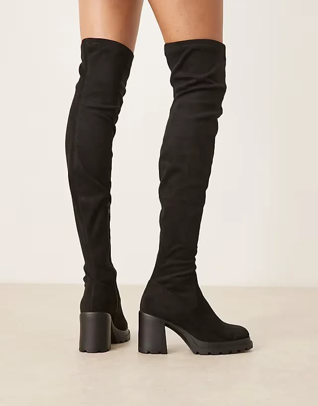 Kai chunky heeled over the knee boots in black suedette