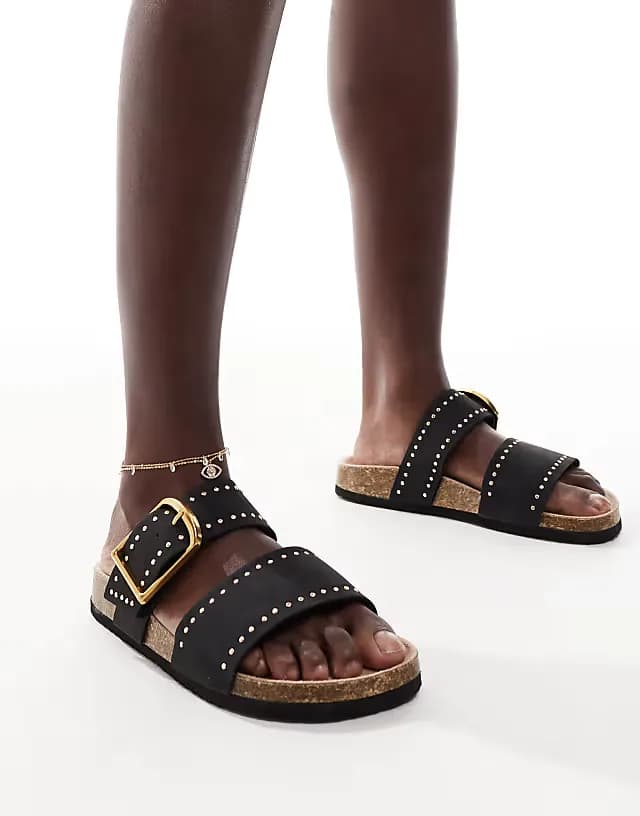 Wide Fit Fallon studded footbed sandals in black