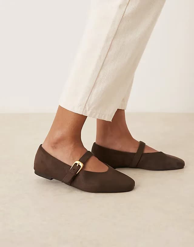 Wide Fit Leah mary jane ballet flats in chocolate suedette