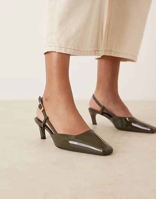 Shadow chisel toe slingback mid heel shoes in green patent
