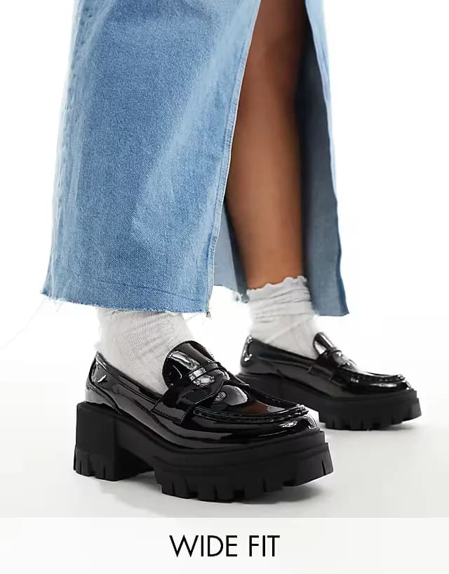 Wide Fit Script chunky mid heel loafers in black patent