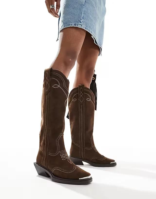 Celeste flat western knee boots in choc faux suede