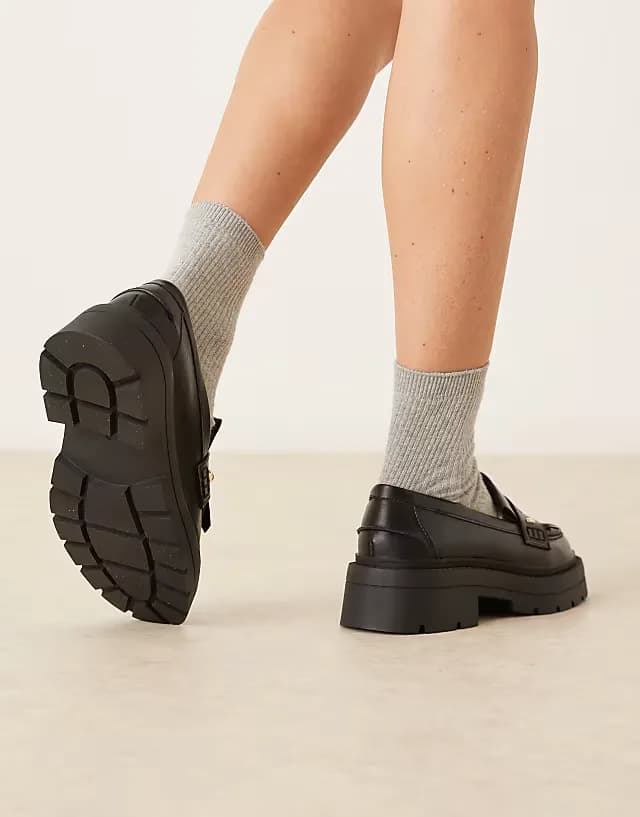 Wide Fit Monty chunky fringe detail loafers in black