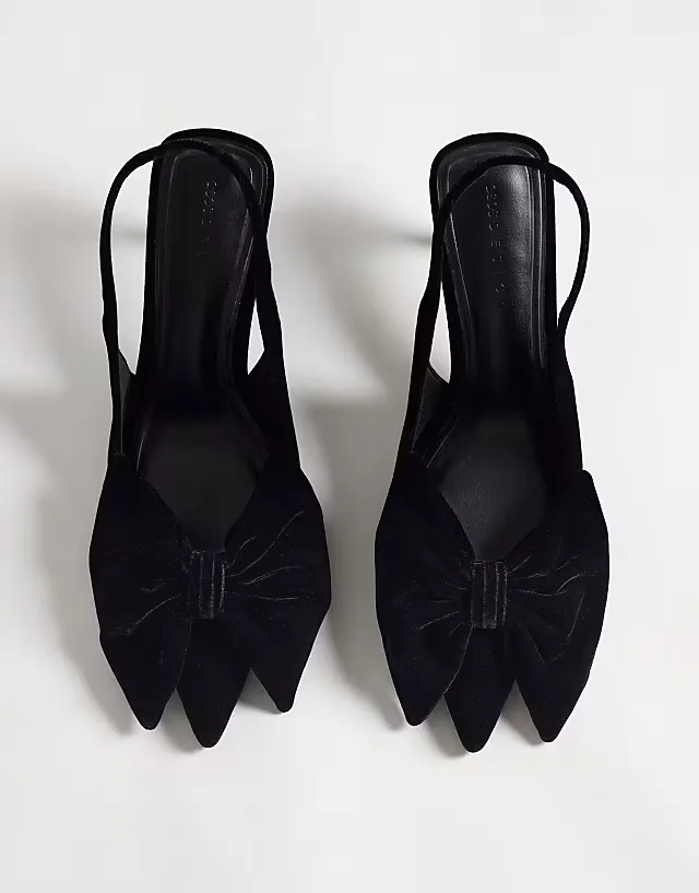 Shine slingback bow detail mid heel shoes in black velvet