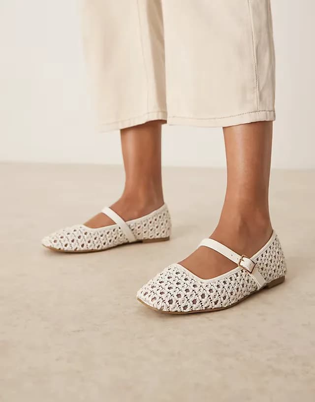 Wide Fit Lottie mary jane ballet flats in off-white weave