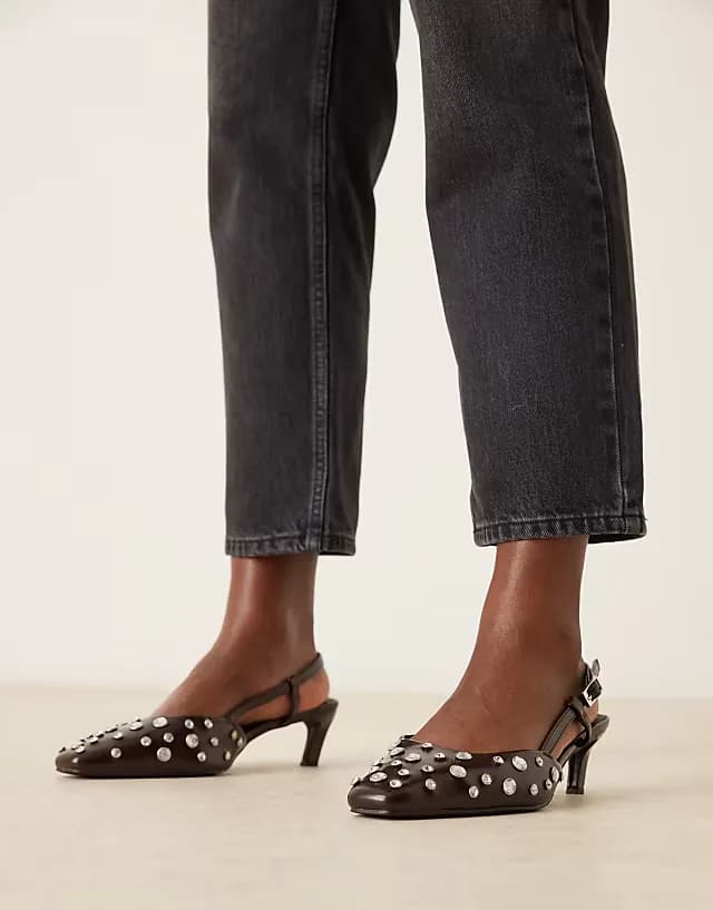 Wide Fit Shadow embellished chisel toe slingback mid heel shoes in chocolate