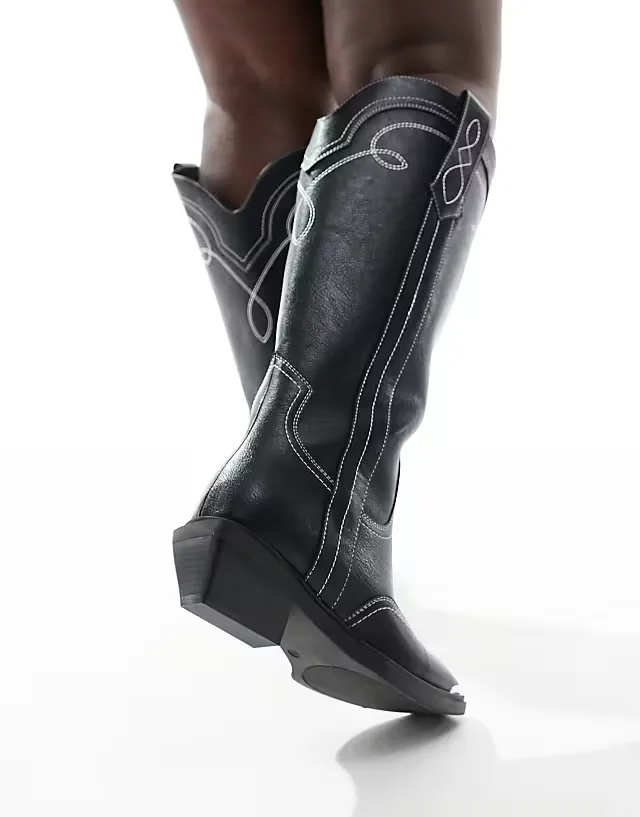 Curve Celeste flat western knee boots in black with stitching