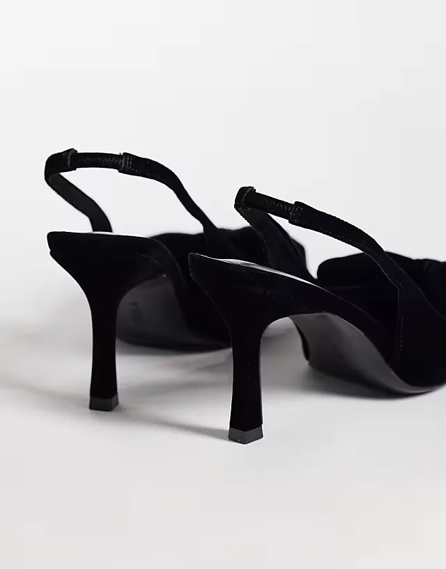 Shine slingback bow detail mid heel shoes in black velvet