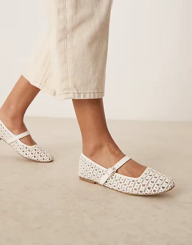 Wide Fit Lottie mary jane ballet flats in off-white weave