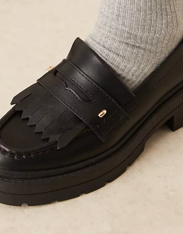 Wide Fit Monty chunky fringe detail loafers in black