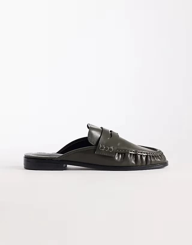 Mouse ruched detail loafer mules in dark green