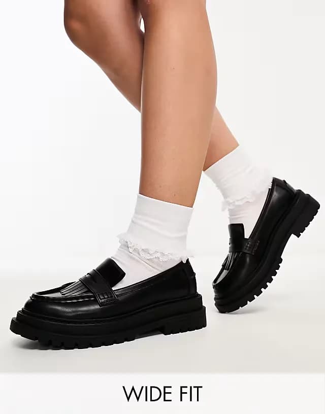 Wide Fit Majesty chunky fringed loafers in black