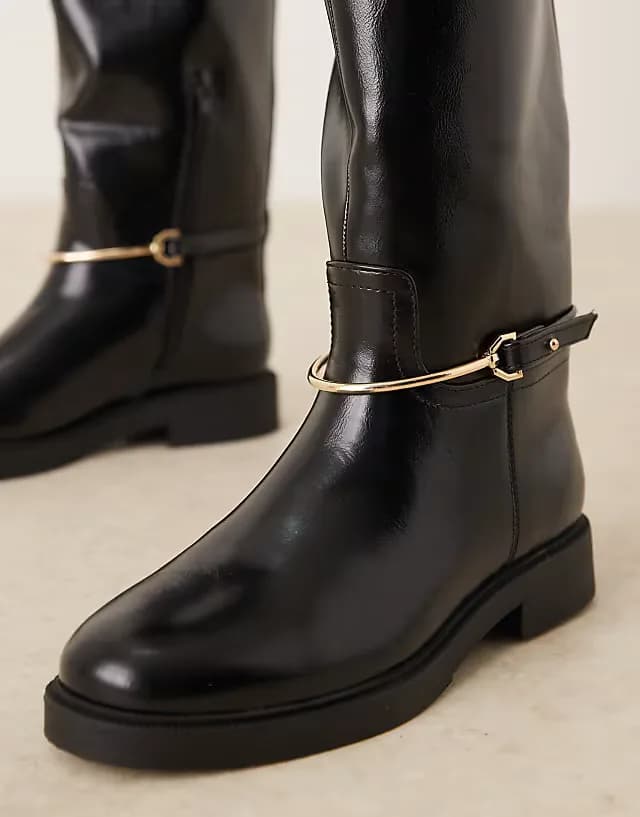 Wide Fit Cole flat riding knee boots in black with trim