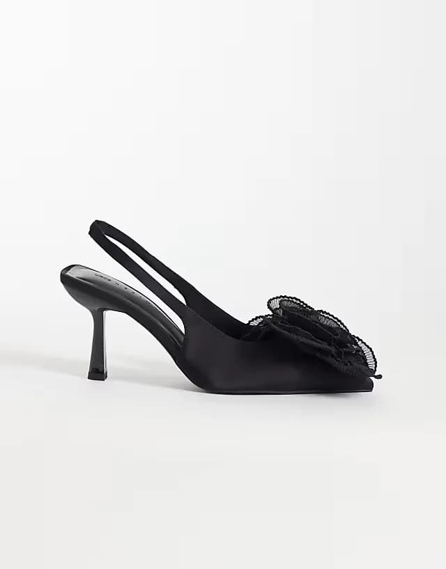 Wide Fit Sunset oversized corsage slingback mid heel shoes in black satin