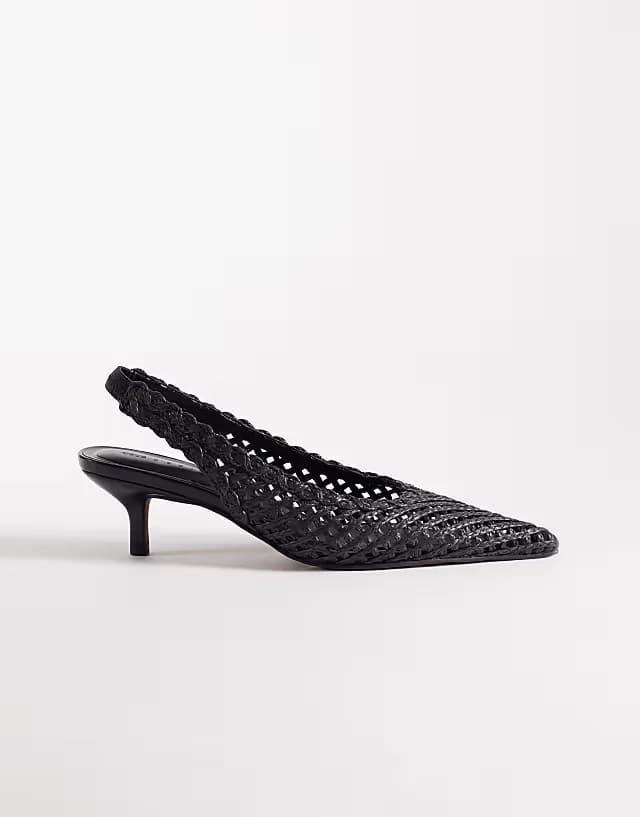 Star woven slingback mid heel shoes in black