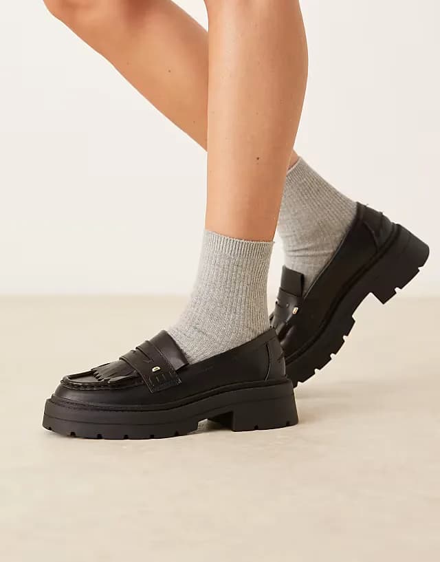 Wide Fit Monty chunky fringe detail loafers in black