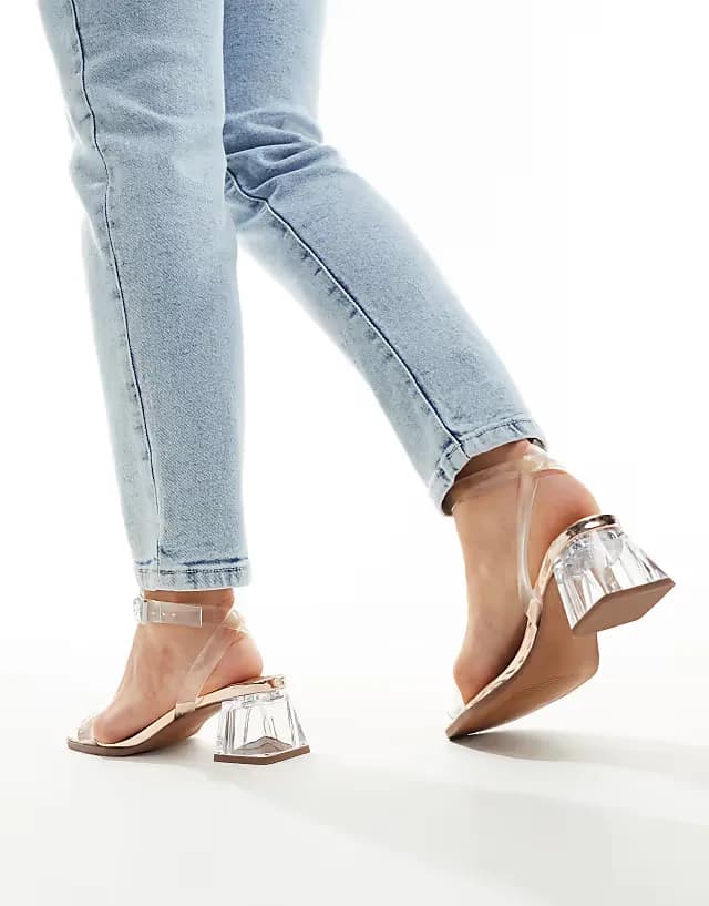 Wide Fit Hopeful block heeled sandals in clear and rose gold