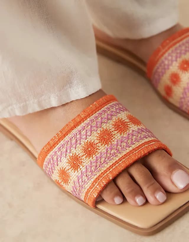 Fig square toe flat mule sandals with embroidery in natural