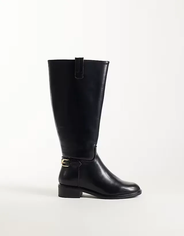 Wide Fit Cecile flat riding knee boots in black