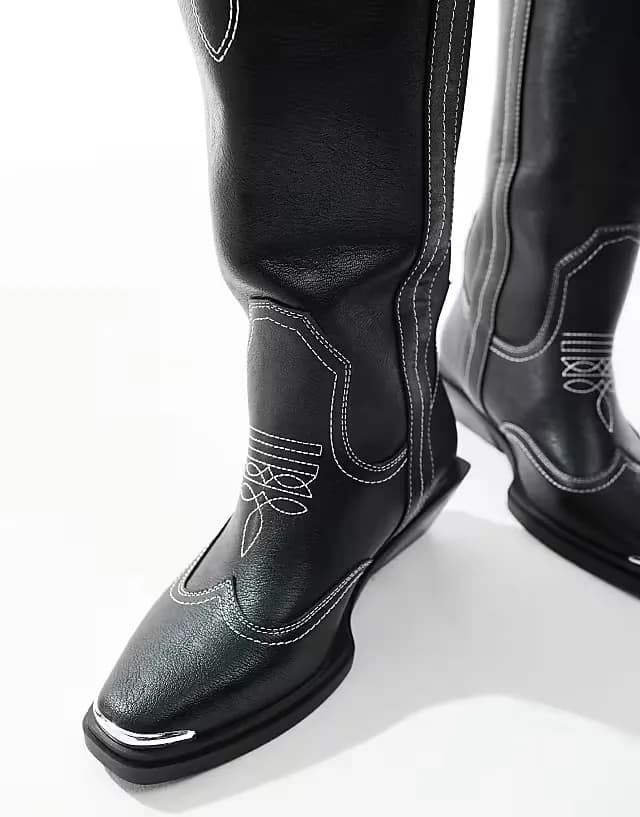 Curve Celeste flat western knee boots in black with stitching