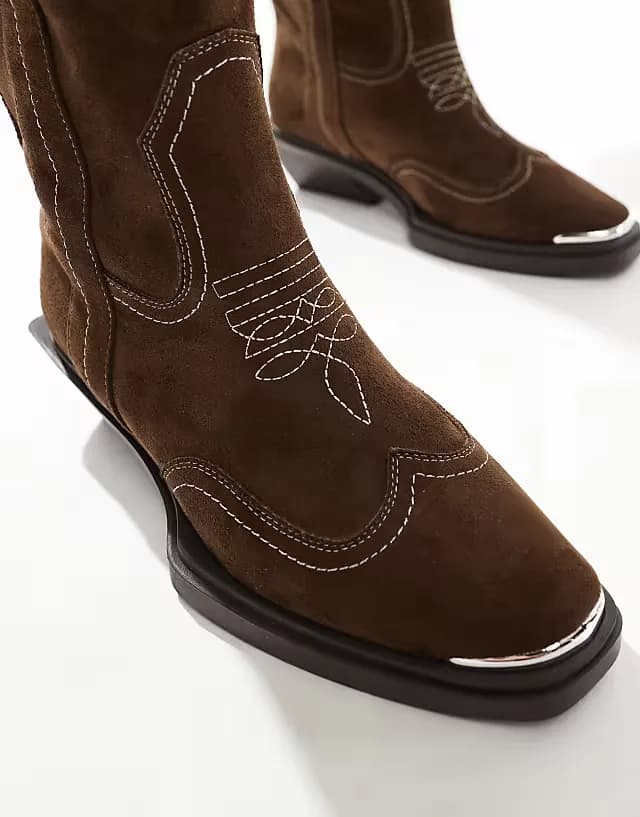 Celeste flat western knee boots in choc faux suede