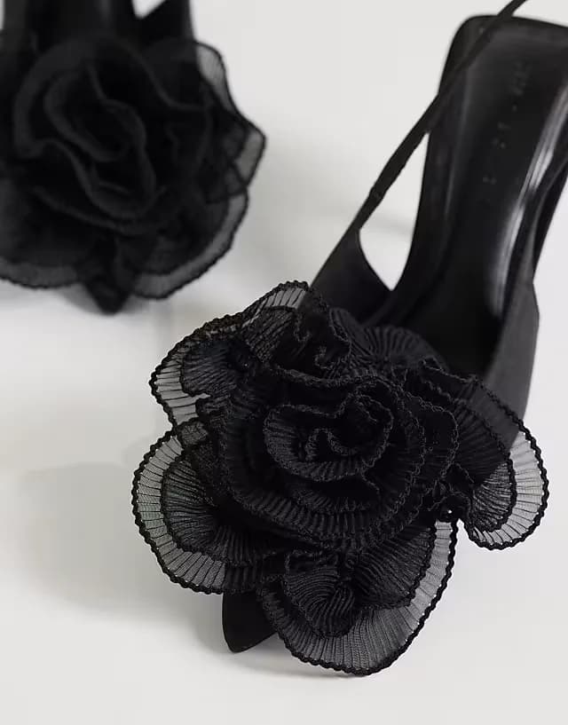 Wide Fit Sunset oversized corsage slingback mid heel shoes in black satin