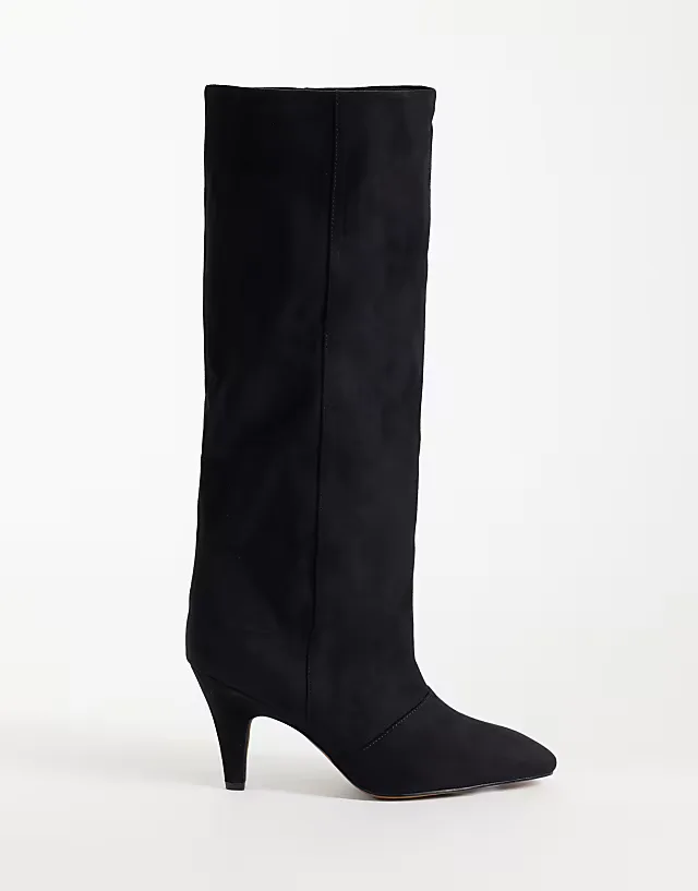Contessa cone heel slouchy knee boots in black suedette