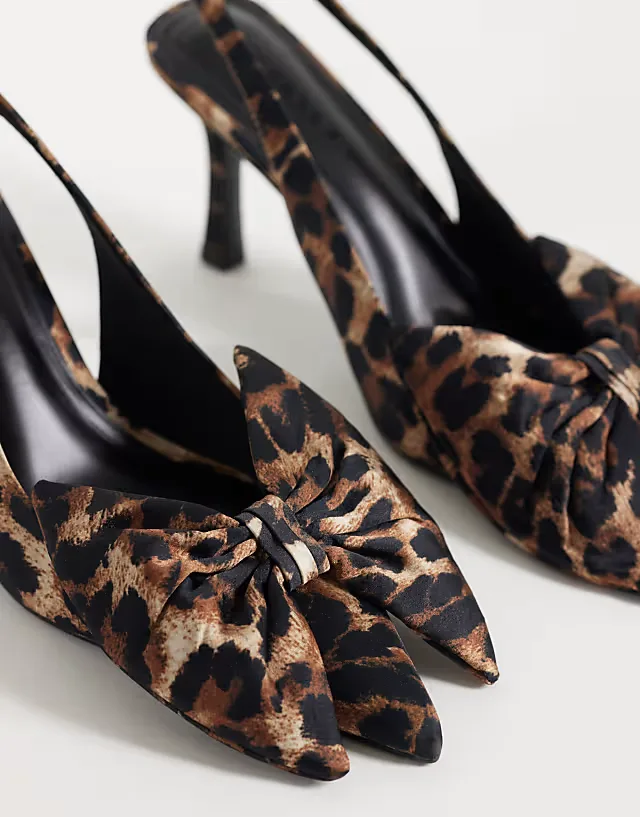 Shine slingback bow detail mid heeled shoes in leopard