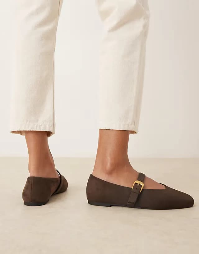 Wide Fit Leah mary jane ballet flats in chocolate suedette