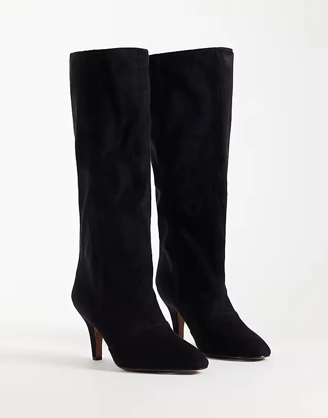 Contessa cone heel slouchy knee boots in black suedette