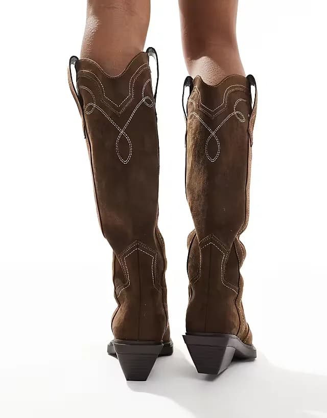 Celeste flat western knee boots in choc faux suede