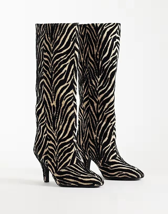 Contessa cone heel slouchy knee boots in zebra print