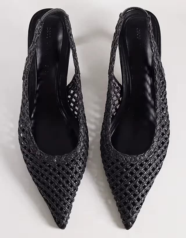 Star woven slingback mid heel shoes in black