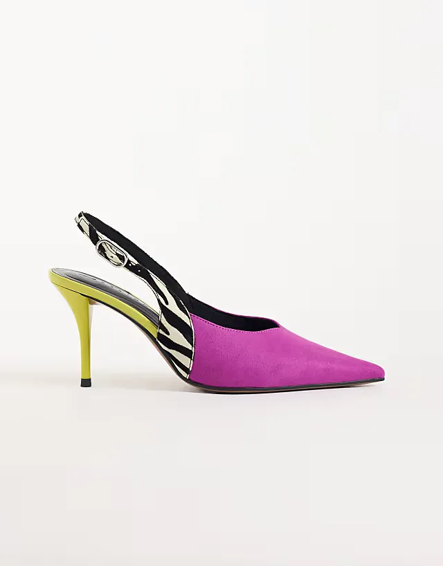 Serena slingback stiletto heels in purple, lime & zebra