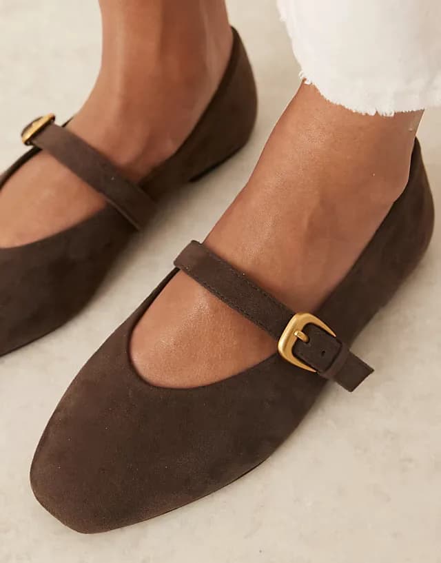 Wide Fit Leah mary jane ballet flats in chocolate suedette