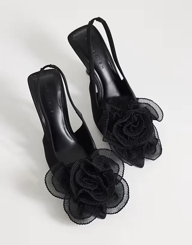 Wide Fit Sunset oversized corsage slingback mid heel shoes in black satin