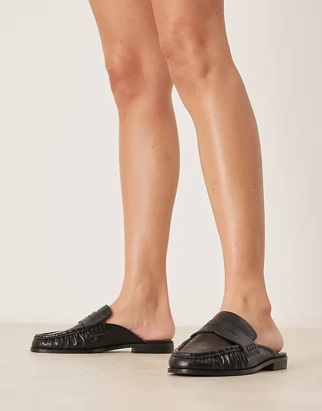 Wide Fit Mouse ruched detail loafer mules in black