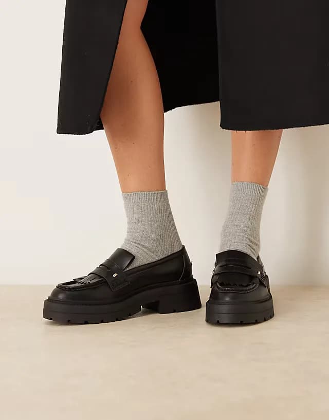 Wide Fit Monty chunky fringe detail loafers in black
