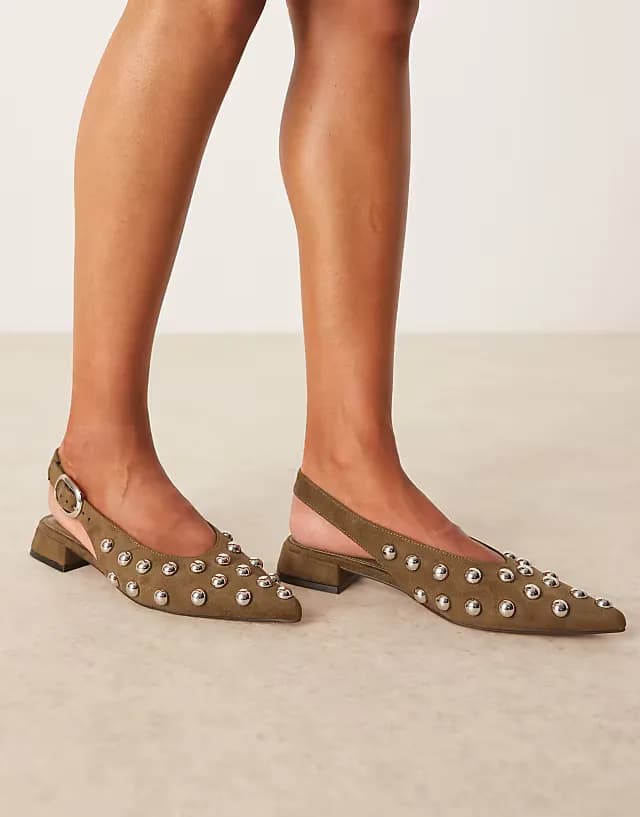 Leonora studded slingback ballet flats in olive suedette