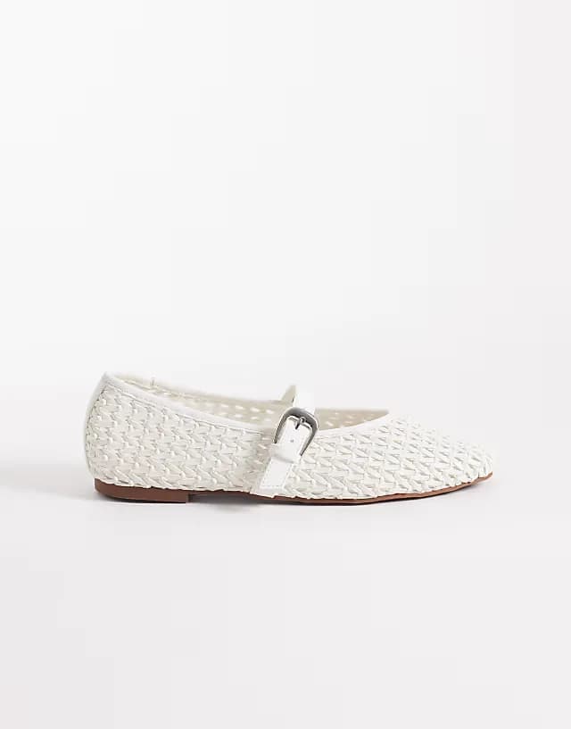 Wide Fit Leah weave detail mary jane ballet flats in white