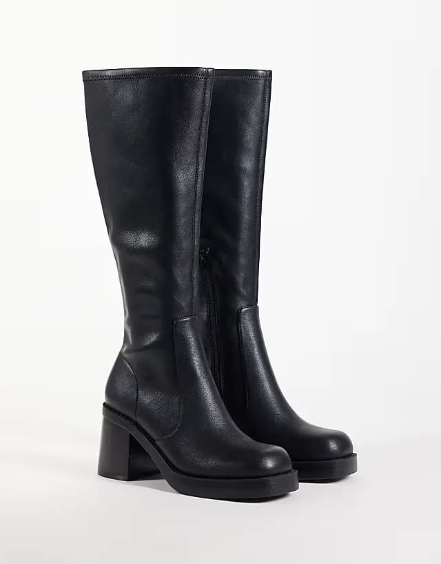 Charlene block heel stretch sock knee boots in black