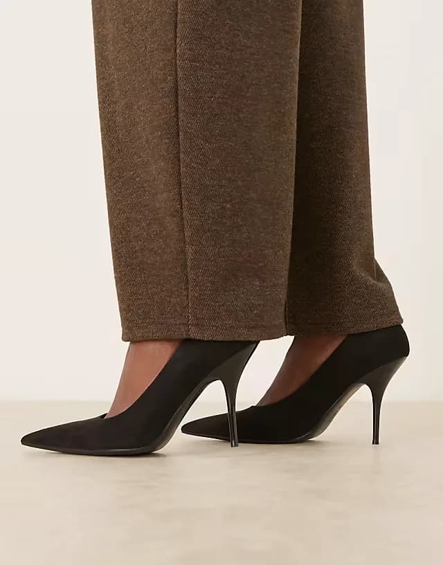 Perth pointed toe stiletto high heel pumps in black suedette