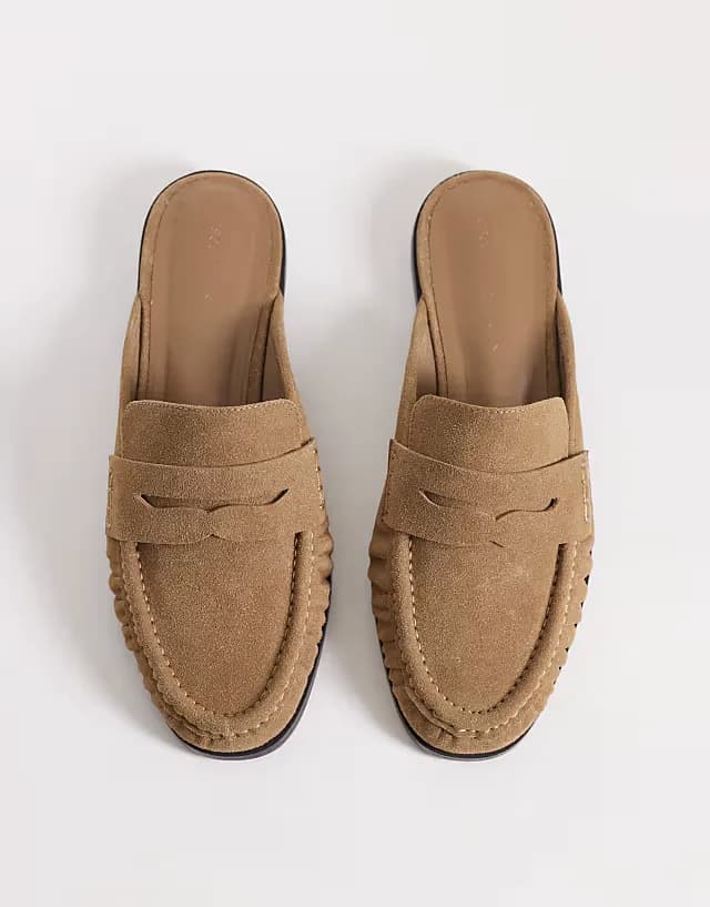 Mouse ruched detail loafer mules in sand suedette