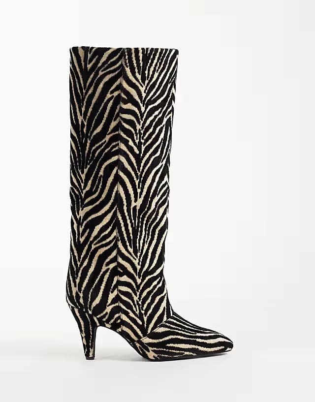 Contessa cone heel slouchy knee boots in zebra print