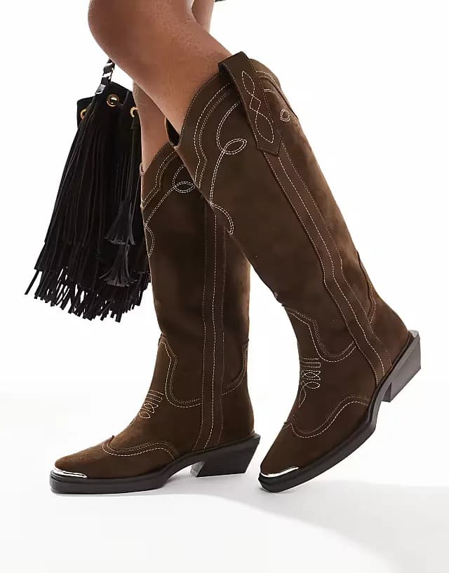 Celeste flat western knee boots in choc faux suede