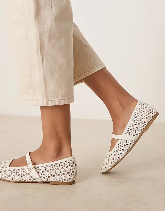 Wide Fit Lottie mary jane ballet flats in off-white weave