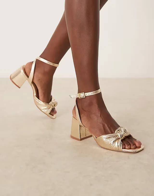 Wide Fit Hansel knotted mid heeled sandals in gold
